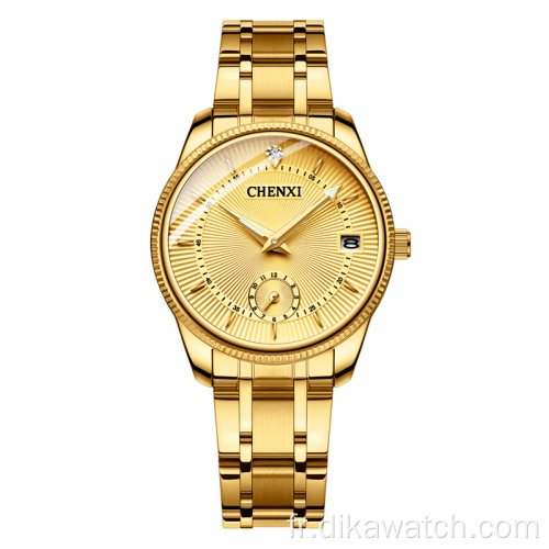 Hot 069 CHENXI All Gold Couple Watch Fashion Simple et beau calendrier Montre à quartz